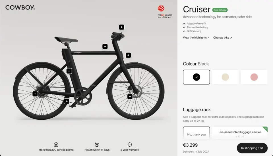 Cowboy Cruiser electric bicycle configurator with colour choices, component hotspots and luggage rack options