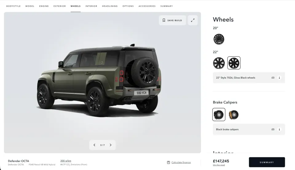Land Rover Defender configurator showing wheel and brake selections with a vehicle preview and step navigation