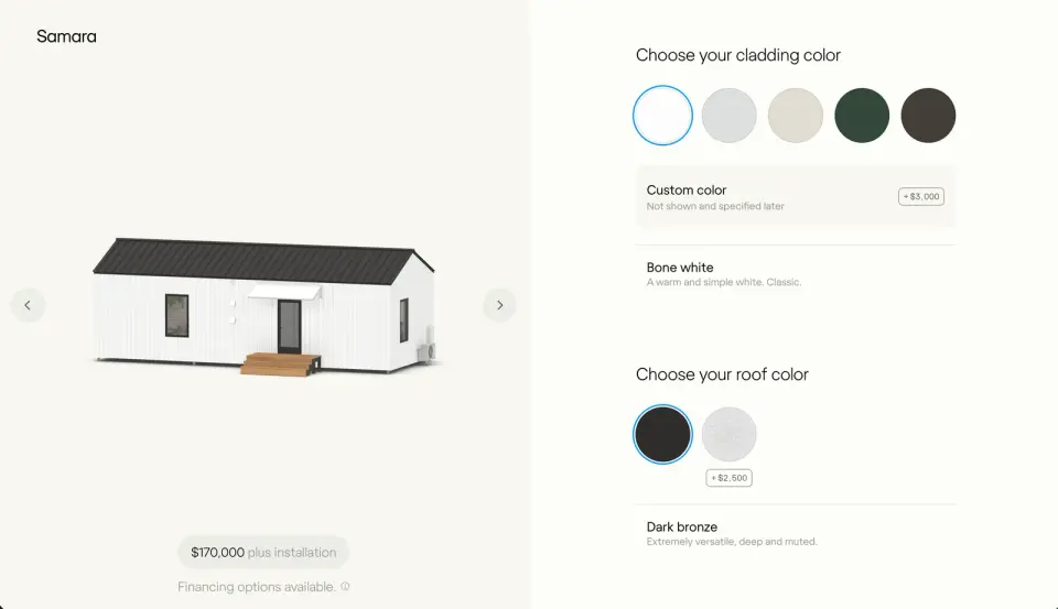Samara Backyard configurator showing an accessory dwelling unit with cladding and roof colour options