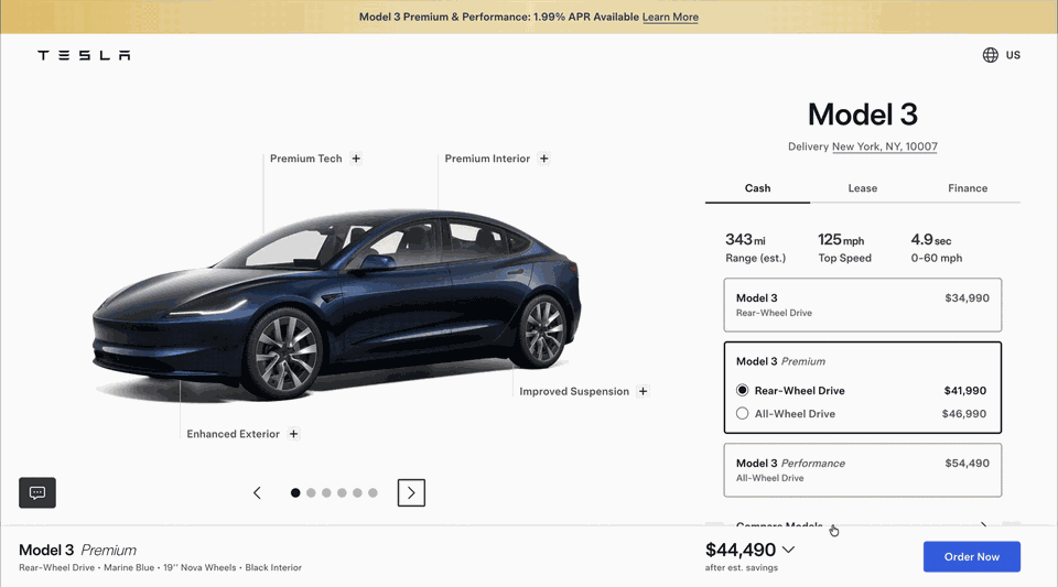 Animated Tesla Model 3 configurator showing changes to the model, drivetrain, colour and vehicle specification