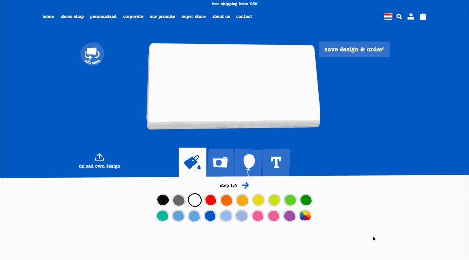 Animated Tony's Chocolonely personalisation tool showing wrapper colour, artwork, image, balloon and text controls