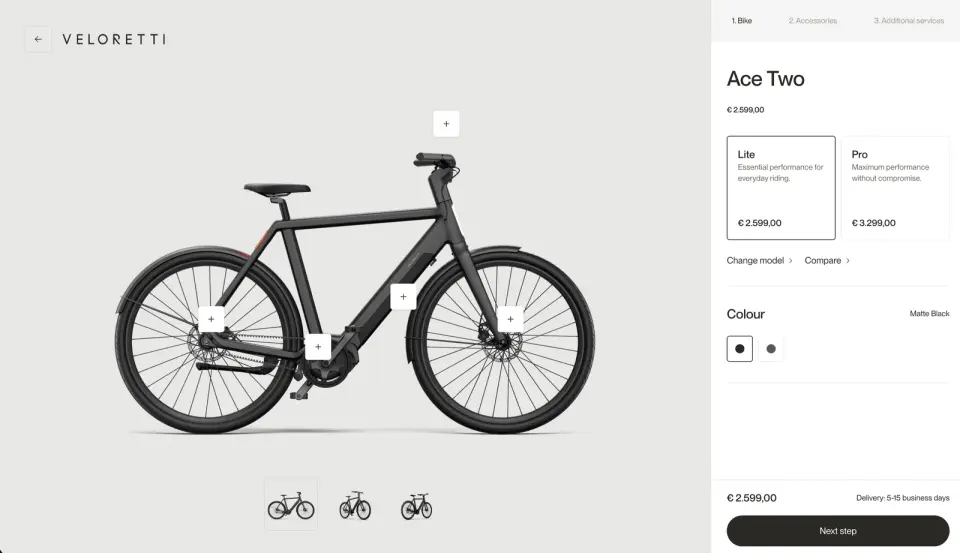 Veloretti Ace Two electric bicycle customizer showing Lite and Pro versions, colours and the next-step action