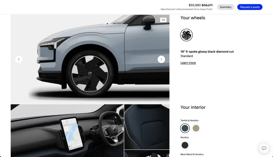 Volvo EX30 configurator showing wheel and interior selections alongside detailed vehicle imagery