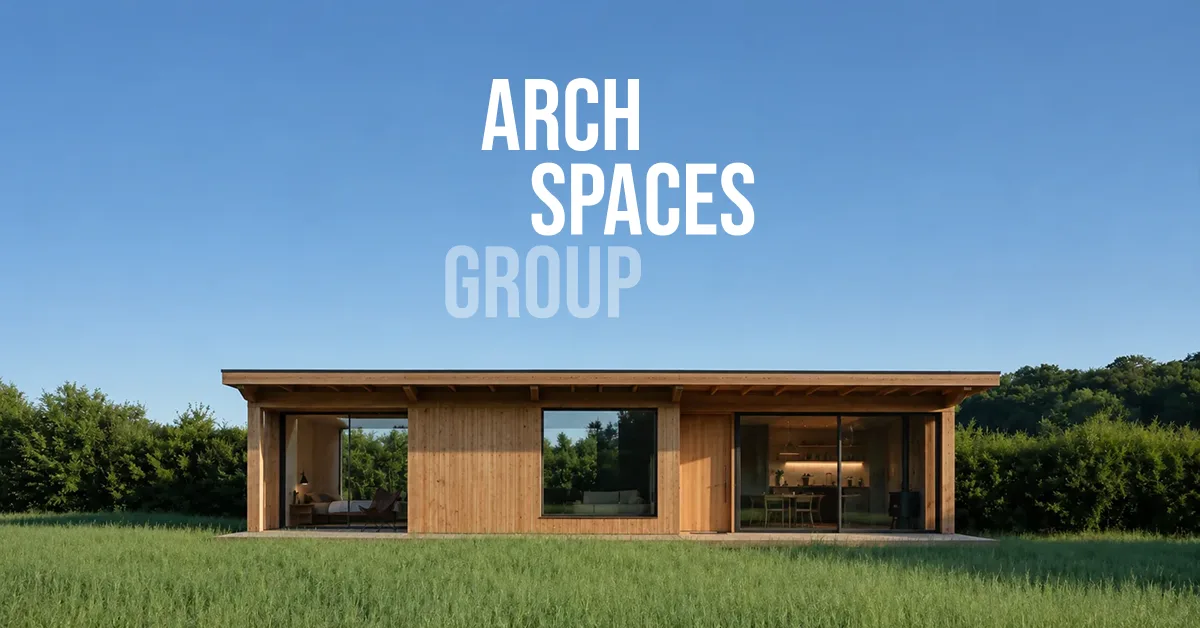 Arch Spaces Group wordmark positioned above a contemporary timber building in an open landscape