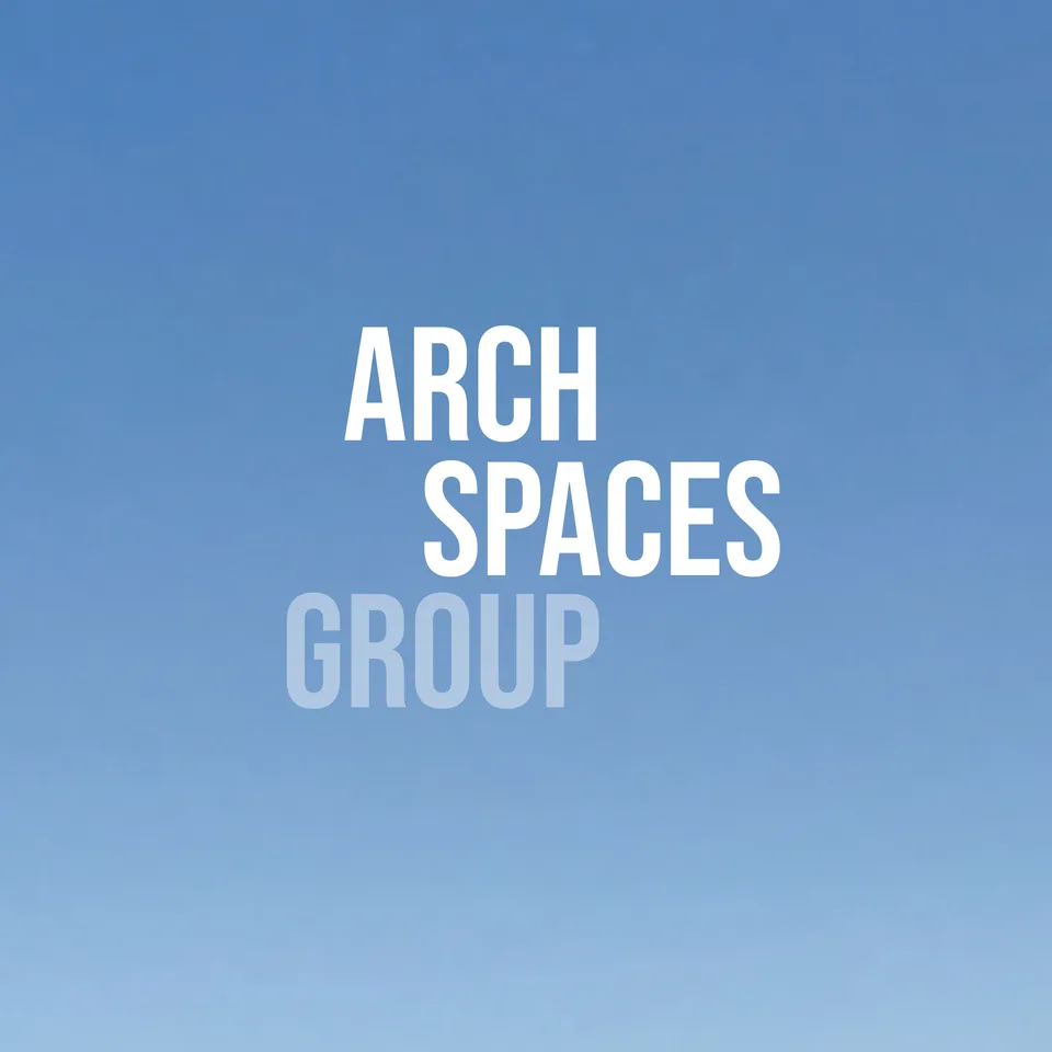 Balanced centred Arch Spaces Group wordmark on blue