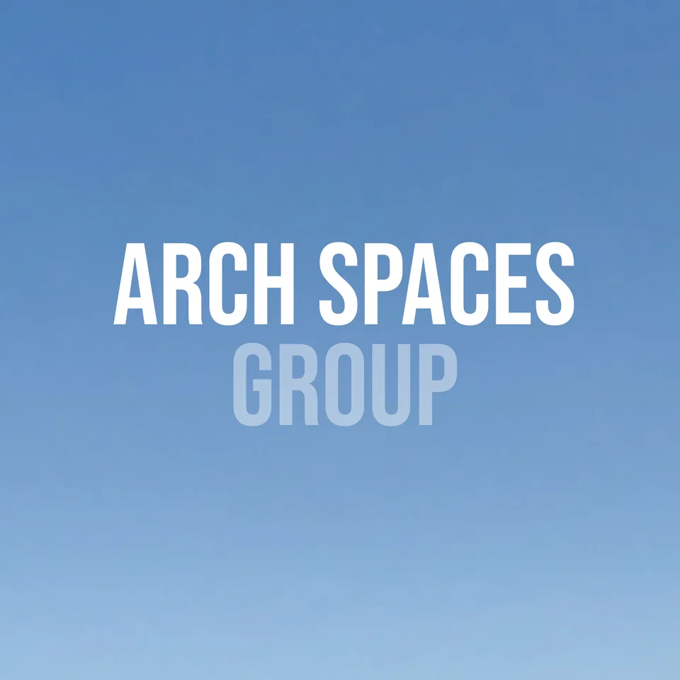 Primary centred Arch Spaces Group wordmark on blue