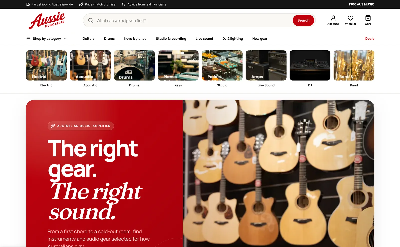 Aussie Music Store e-commerce homepage showing branded search, category navigation and campaign design