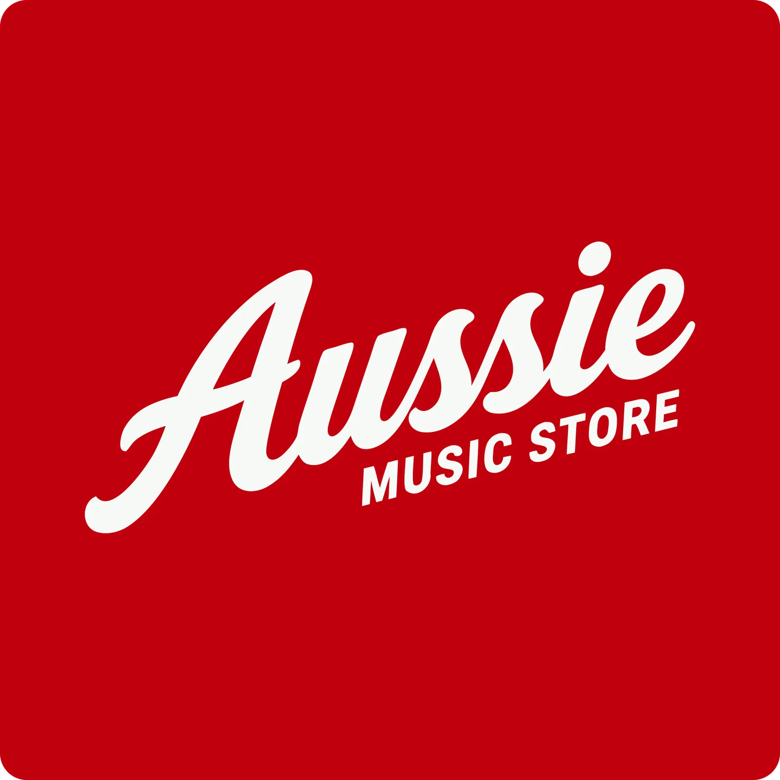 Oversized Aussie Music Store wordmark cropped into the lower corner of a red composition