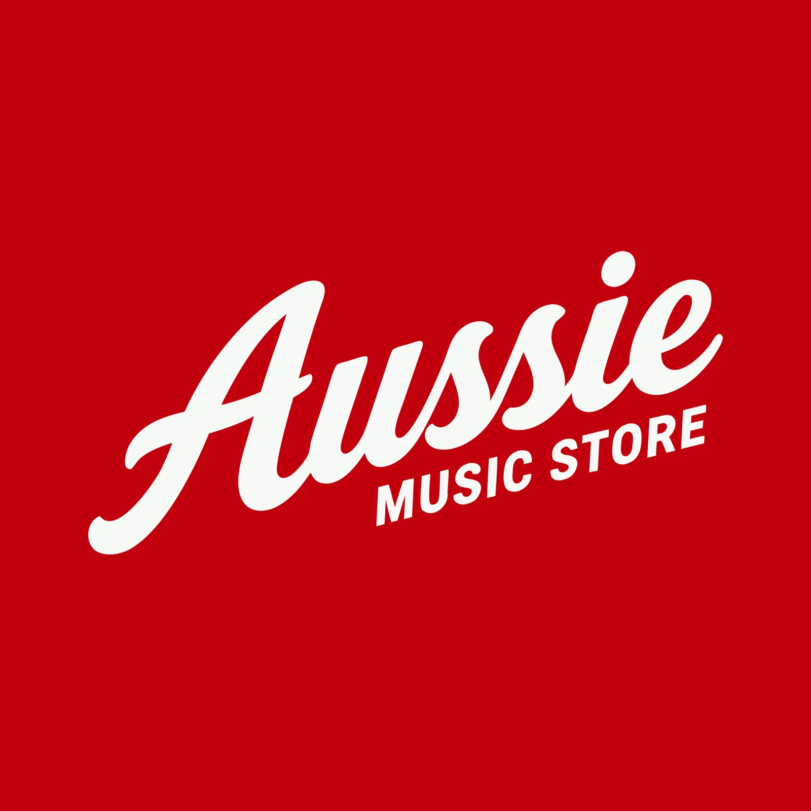 Large white Aussie Music Store wordmark on the brand's red background