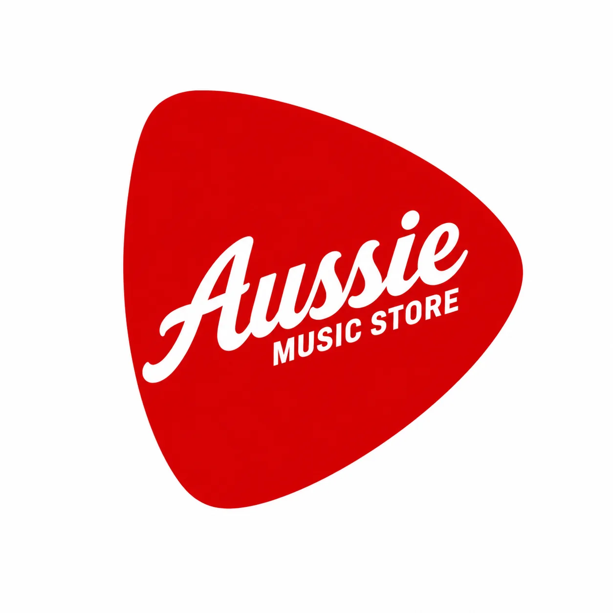 Aussie Music Store white wordmark presented inside a red guitar-pick symbol