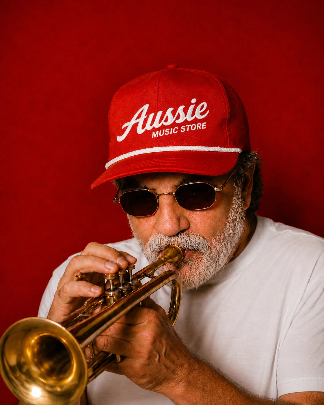 Musician playing trumpet while wearing a red Aussie Music Store branded cap