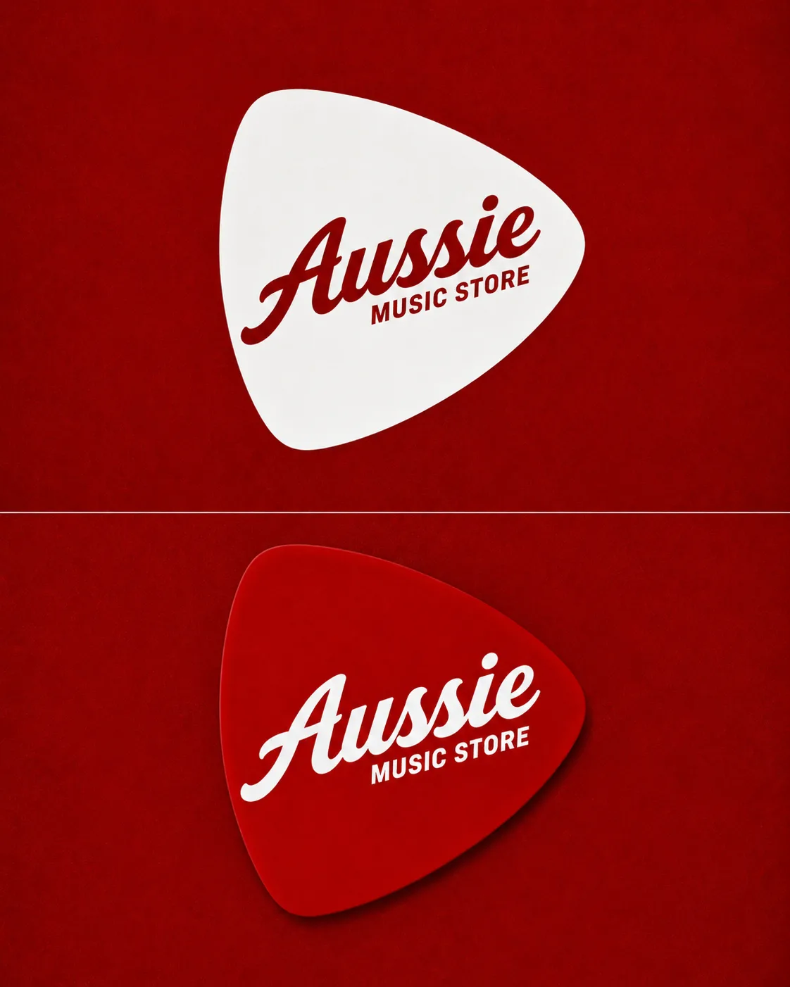 White and red guitar-pick logo variants for Aussie Music Store