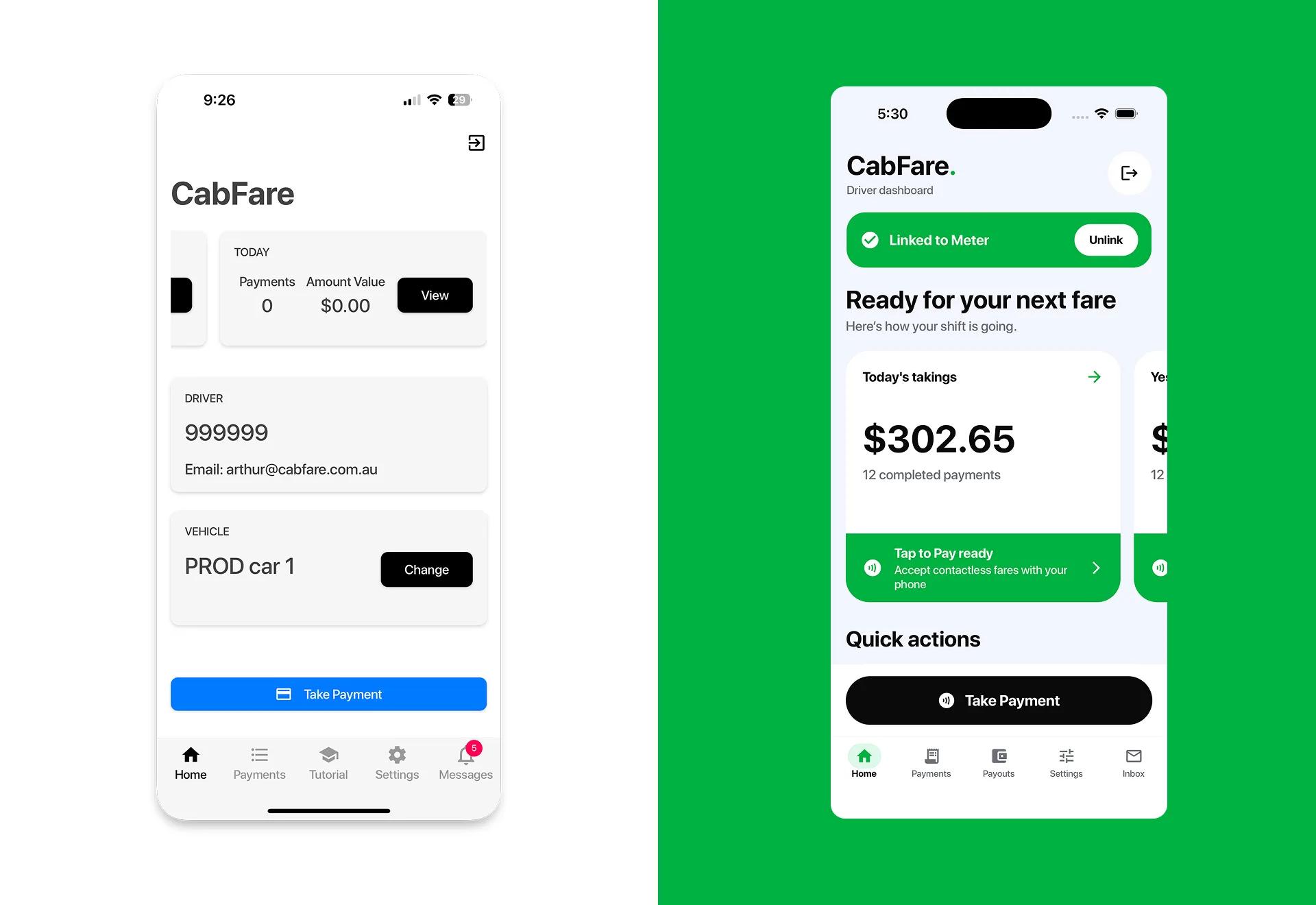 Before and after comparison of the CabFare driver app dashboard redesign