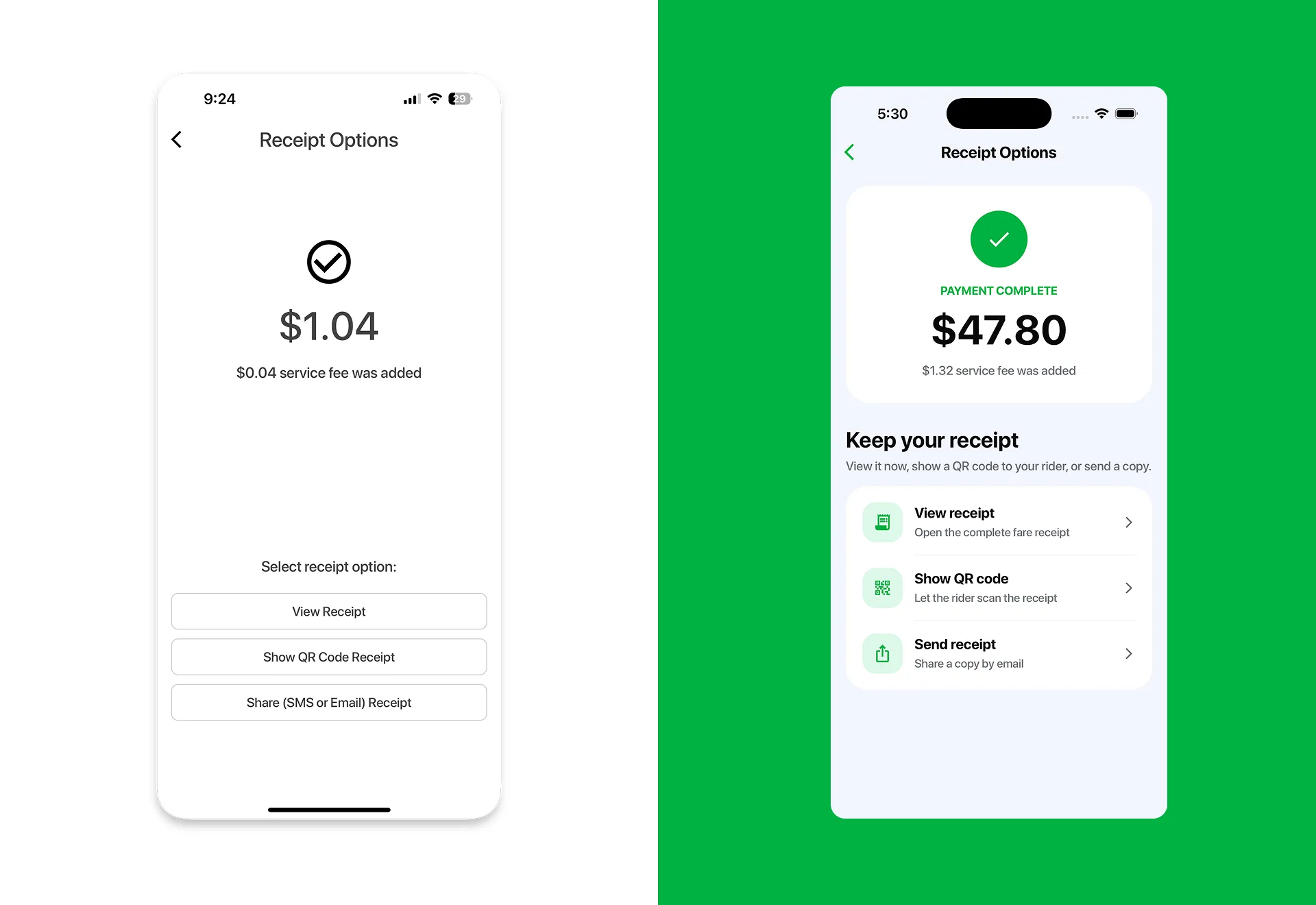 Before and after comparison of the CabFare payment receipt experience