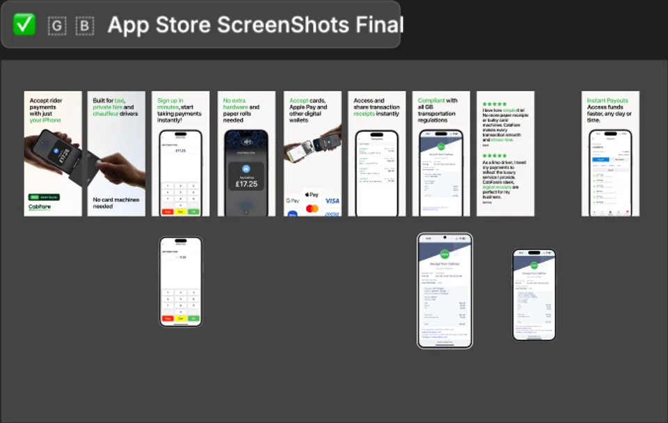 CabFare Apple App Store screenshot design sequence for a Great Britain market variant