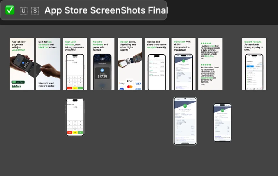 CabFare Apple App Store screenshot design sequence for a US market variant