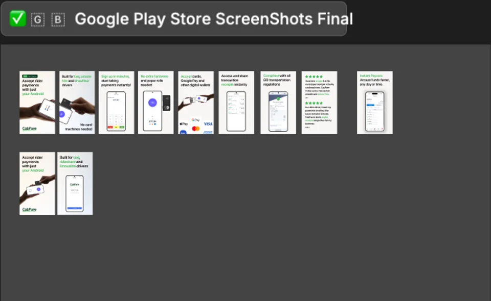 CabFare Google Play Store screenshot design sequence for a Great Britain market variant