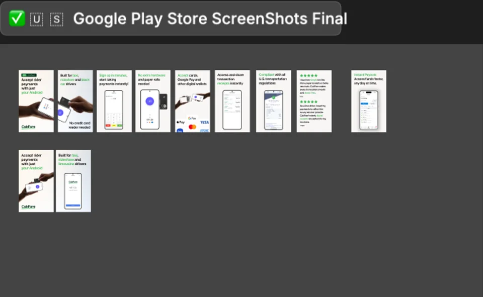 CabFare Google Play Store screenshot design sequence for a US market variant