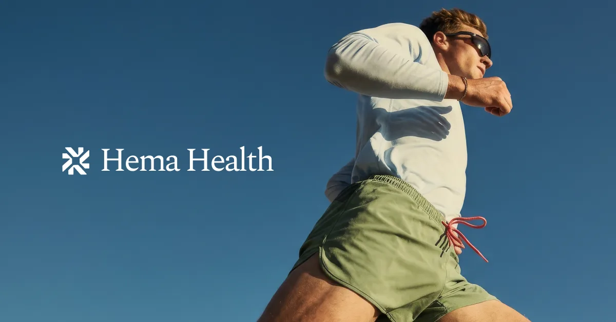 Hema Health campaign composition with the brand mark beside an athlete running against a blue sky