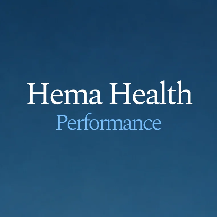 Hema Health Performance brand lockup in white and light blue on a deep blue background