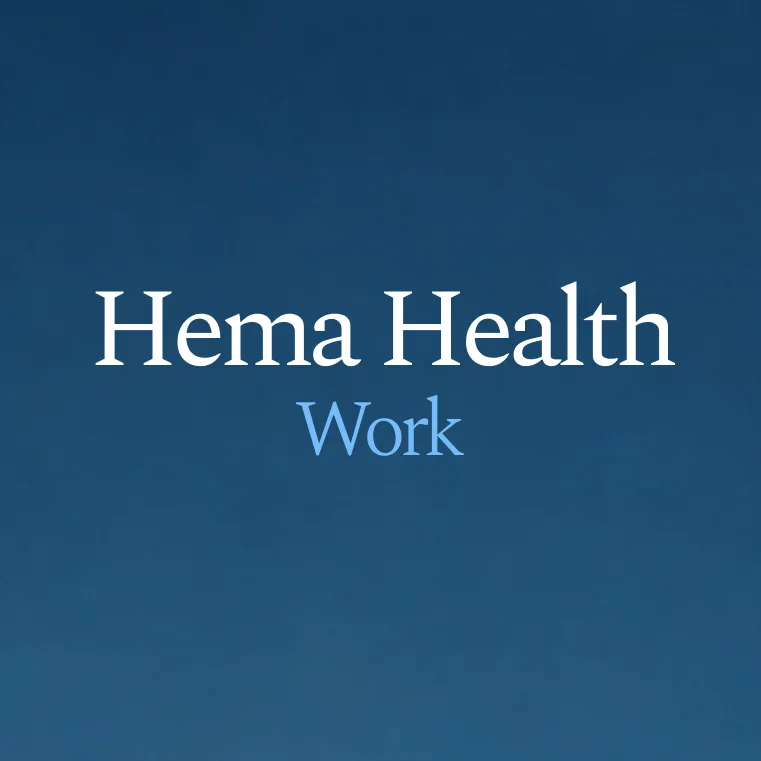 Hema Health Work brand lockup in white and light blue on a deep blue background