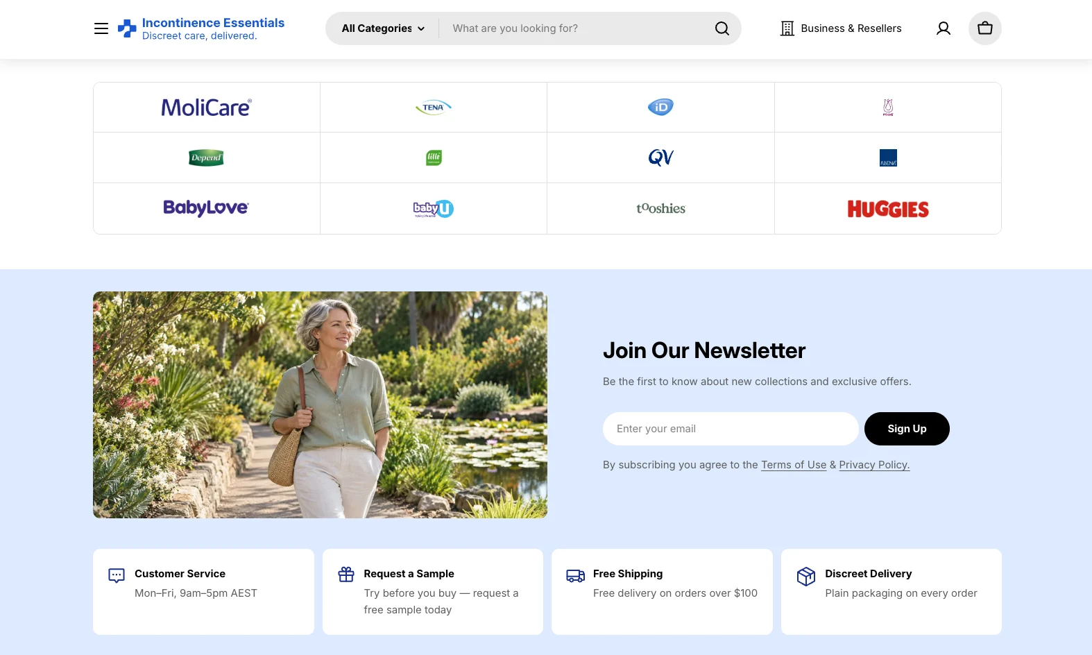 The store’s brand directory, newsletter and support information