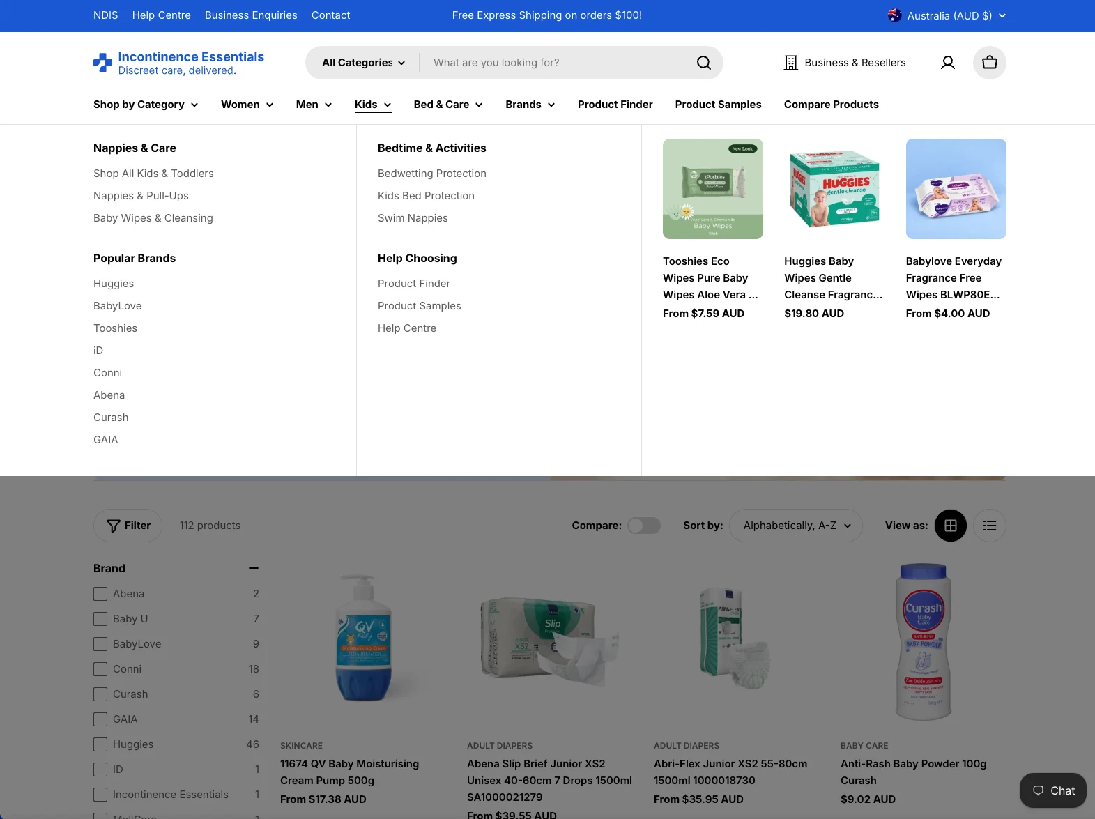 The Incontinence Essentials navigation showing kids’ categories, helpful links and featured products