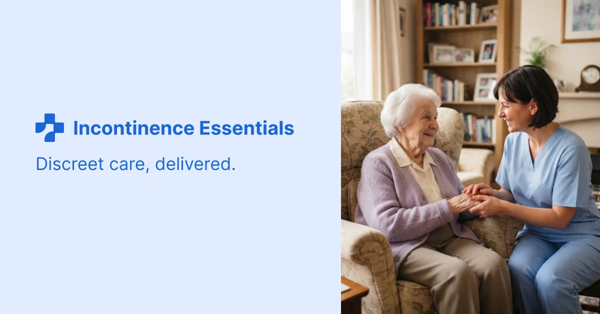 Incontinence Essentials branding alongside a care-focused lifestyle image