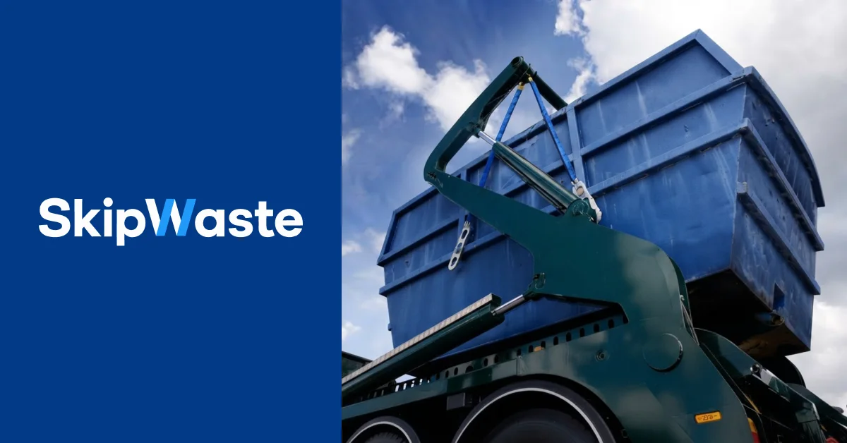Skip Waste brand composition beside a blue skip being lifted by a collection vehicle
