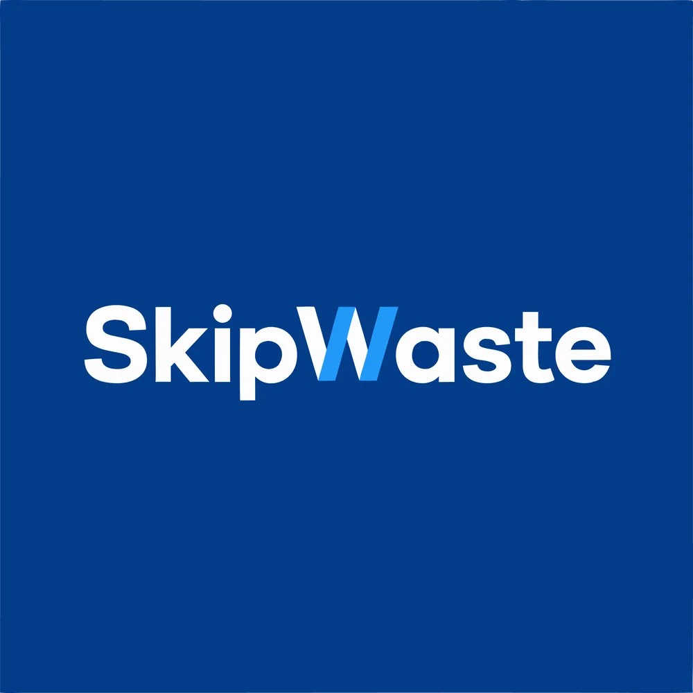 Skip Waste white and blue wordmark on a deep blue background