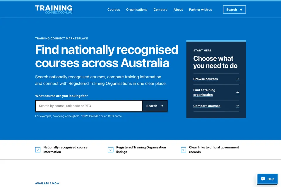 Training Connect’s National Training Marketplace website preview