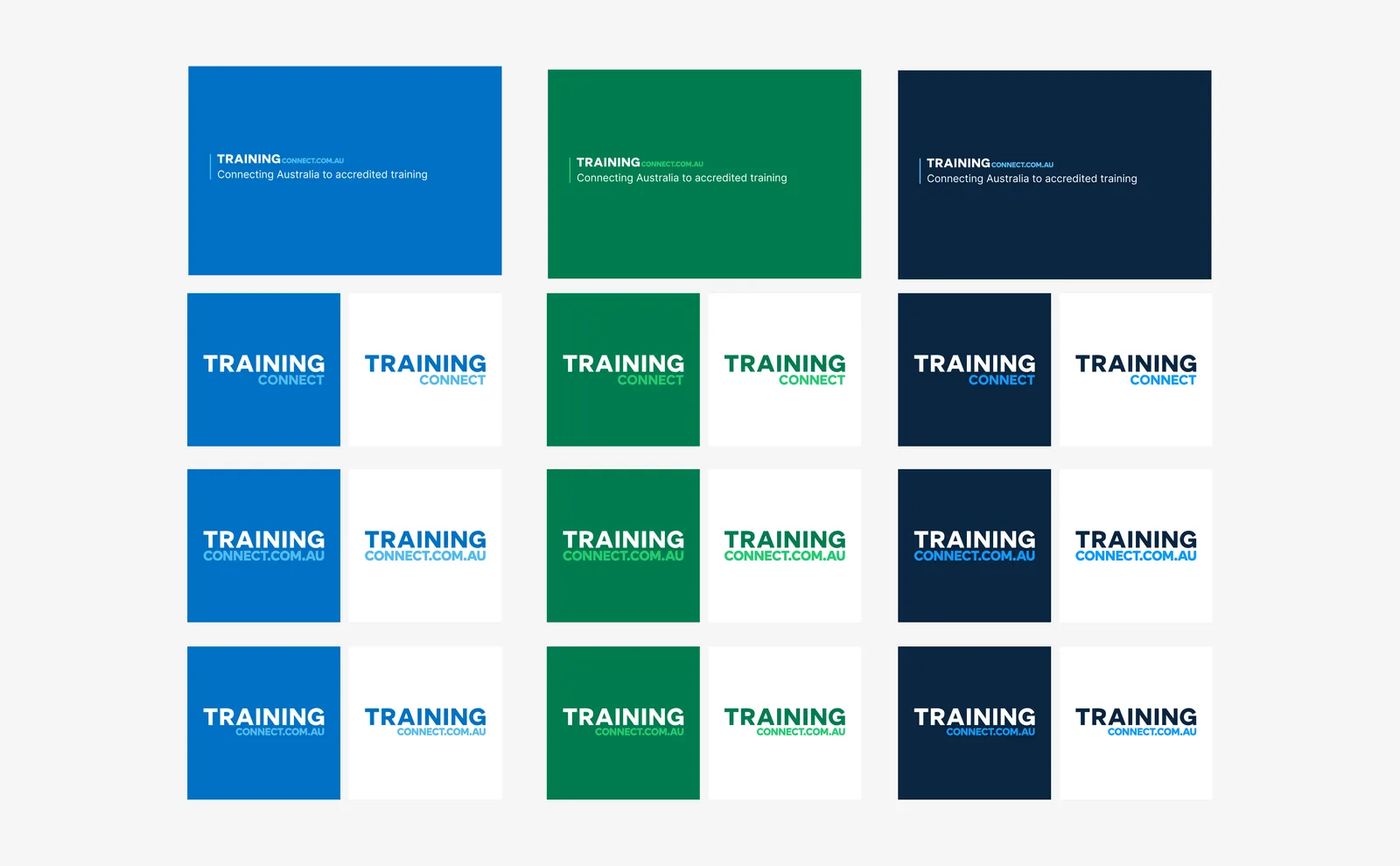 Training Connect identity board showing wordmark, tagline, colour and logo variations