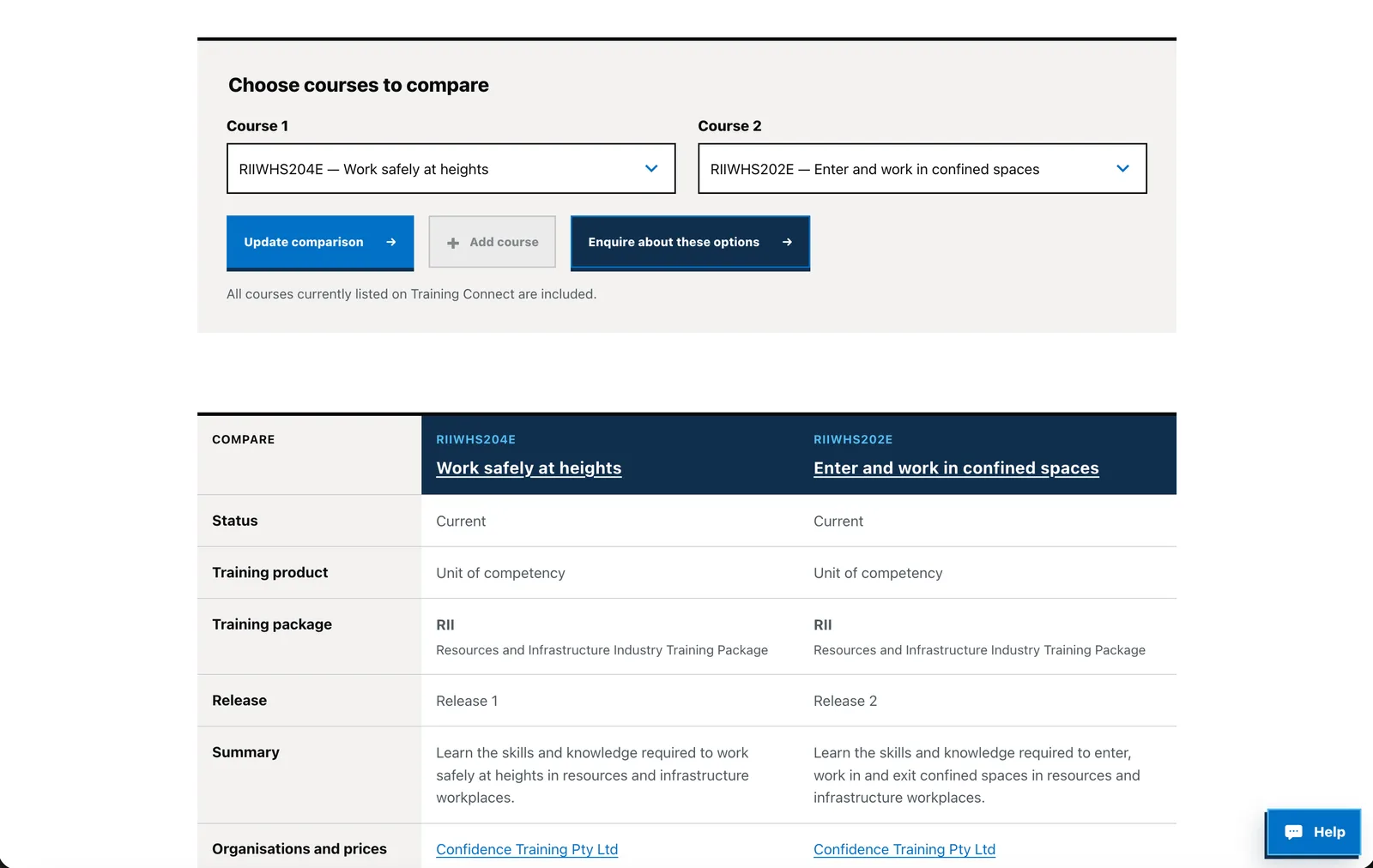 Training Connect course comparison interface showing two recognised courses side by side