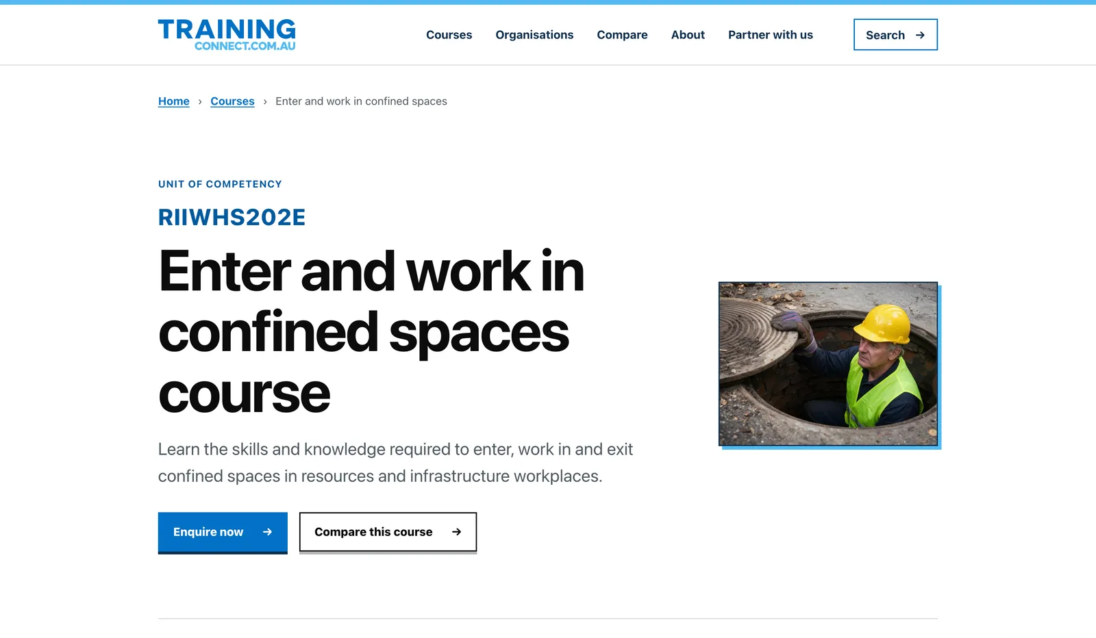 Training Connect course detail page for entering and working in confined spaces