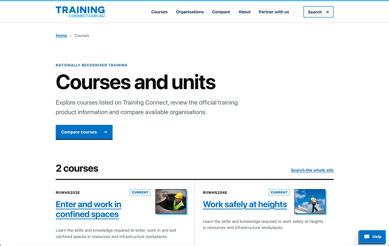 Training Connect courses listing with course cards, recognised training information and comparison pathway