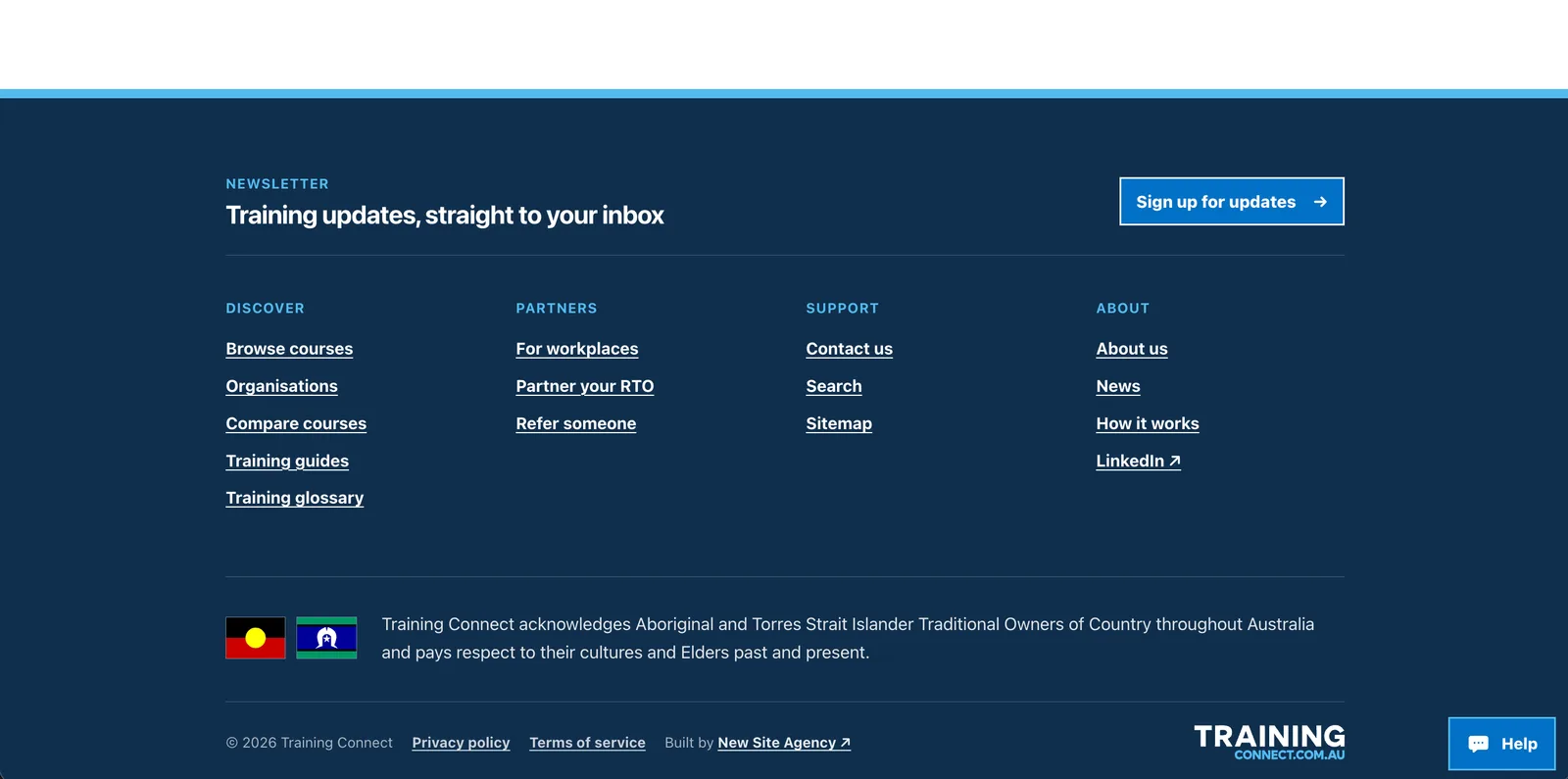 Training Connect website footer with newsletter, discovery, partner and support pathways