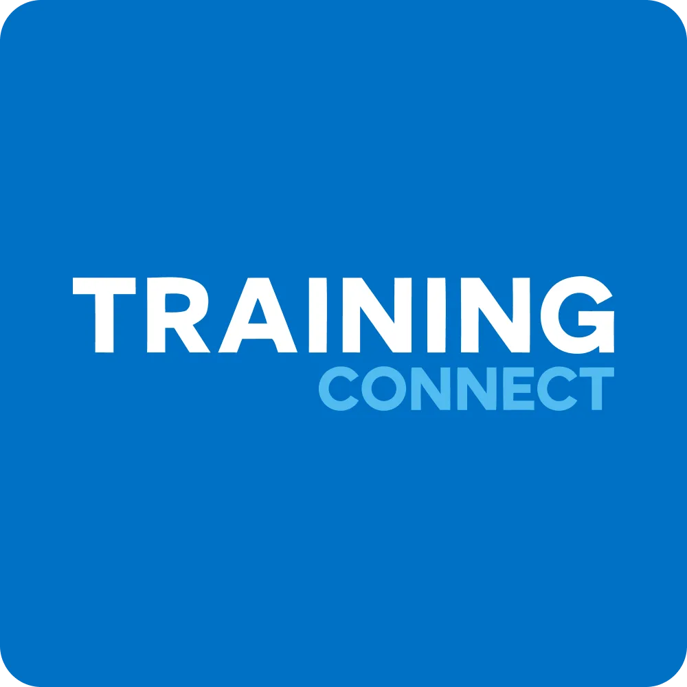 Training Connect stacked wordmark on a blue square brand application